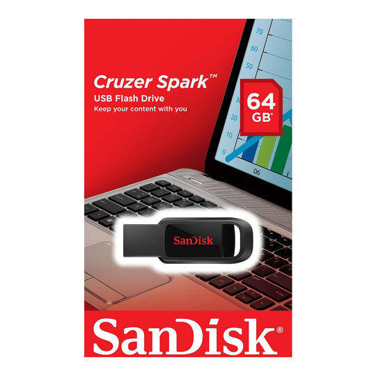 SanDisk Cruzer Spark USB 2.0 Flash Drive 64GB – Keyring Capless (Black)