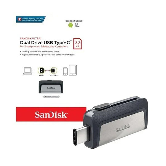 SanDisk Ultra Dual Drive USB-C 32GB – 150MB/s Retractable (Silver)