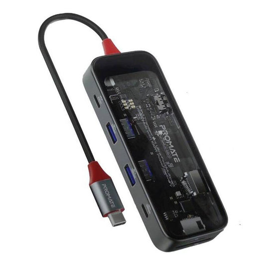 Promate TransHub-Mini 8-in-1 USB-C Hub – 4K@60Hz 100W PD Glass (Clear)