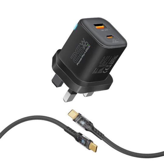 Promate PowerPort-25CC 25W Dual Charger + 60W LED Cable (White)