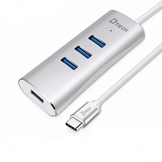 Dtech USB-C to 4-Port USB 3.0 Hub T0026 – PD Aluminum (Silver)