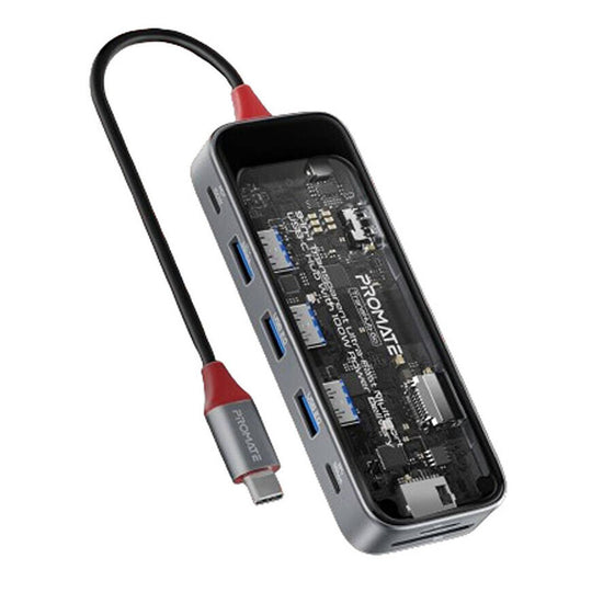 Promate TransHub-Go 9-in-1 USB-C Hub – 4K@60Hz 100W PD Glass (Clear)