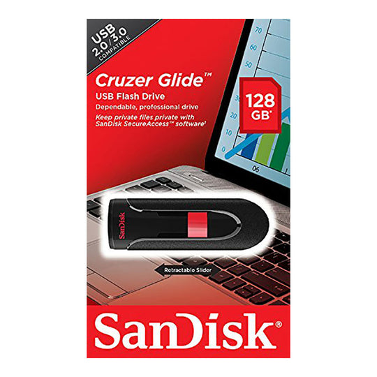 SanDisk Cruzer Glide USB 3.0 Flash Drive 128GB – Retractable Secure (Black)