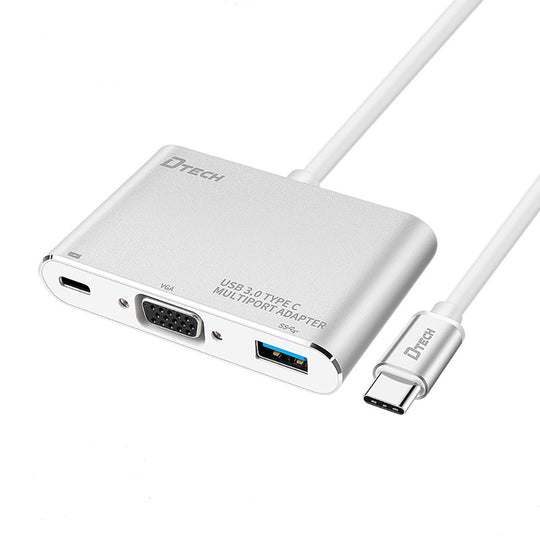 Dtech DT-T0023 USB-C to VGA + USB 3.0 + PD Adapter – 1080p 60W (Silver)
