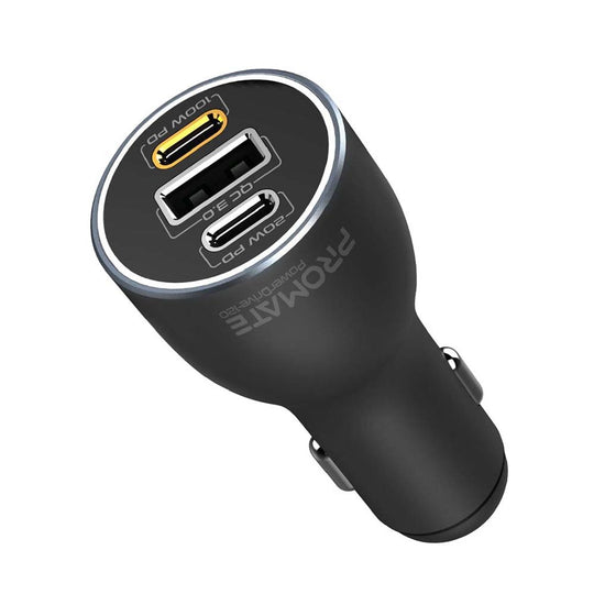 Promate PowerDrive-120 120W Car Charger – 100W PD + 20W + 18W (Black)