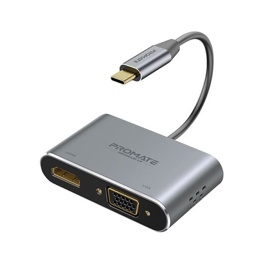 Promate MediaHub-C2 USB-C to HDMI + VGA Adapter – 4K@30Hz (Gray)