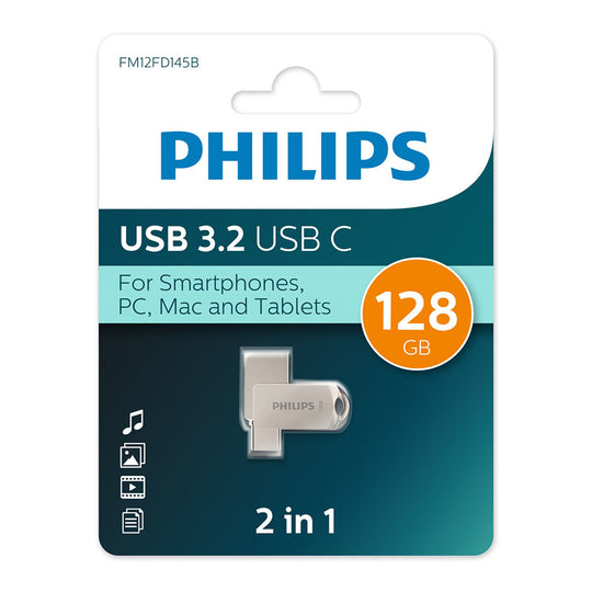 Philips 2-in-1 USB-C/A Flash Drive 128GB – USB 3.2 Compact (Silver)