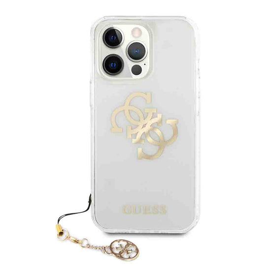 Guess PC/TPU Transparent Case with 4G Electroplated Logo & Charm for iPhone 13 Pro (6.1") – Gold