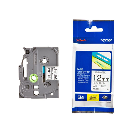 Brother TZe-231 12mm Black on White Laminated P-Touch Tape - 8m