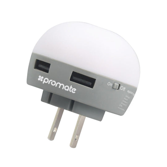 Promate Glint Dual USB Wall Charger with LED Night Light - 2.1A, 22 Lumens