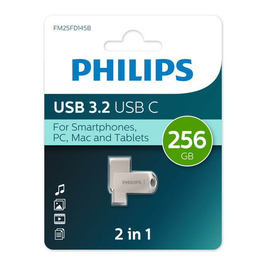 Philips 2-in-1 USB-C 256GB USB 3.2 Flash Drive – High-Speed Data & Dual Connectors