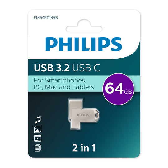 Philips 2-in-1 USB-C 64GB USB 3.2 Flash Drive – Portable Dual Connector Storage