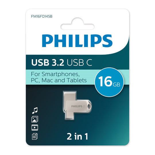 Philips 2-in-1 USB-C 16GB USB 3.2 Flash Drive – Compact, Easy Use Dual Connector Drive