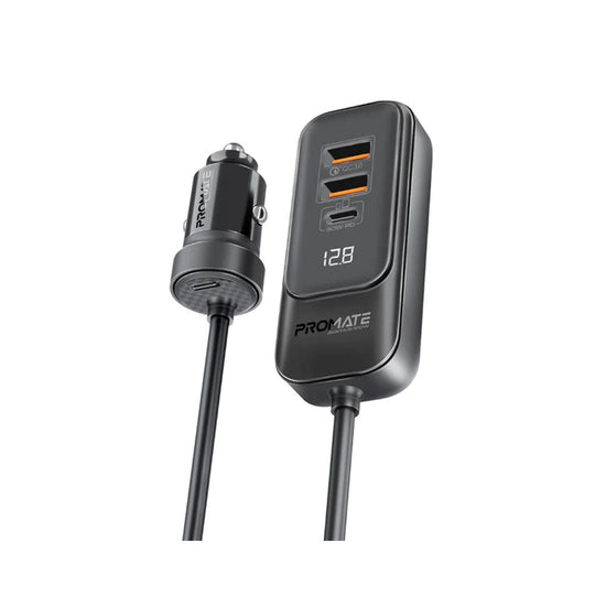 Promate Gearhub-120W Car Charger – Backseat Hub with USB-C Power Delivery & Dual QC Ports