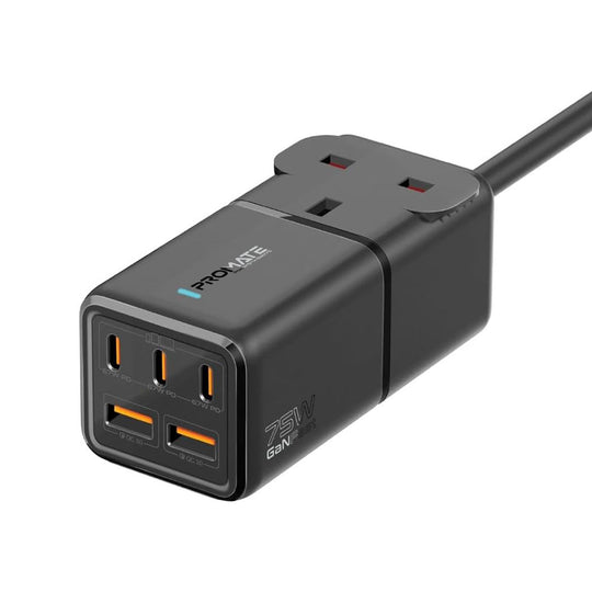 Promate PowerBrix-GaN75 75W GaN Fast Multi-Port Power Strip – USB-C PD & QC USB Ports