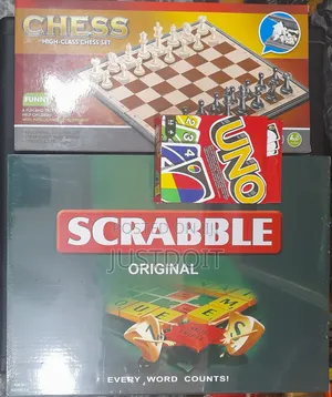 Scrabble + Uno + Chess Game Set: Word Play Strategy and Card Fun All in One
