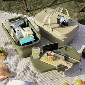 Folding Collapsible Picnic Basket With Lid And Table | Multi-Function | Folding Lid & Table | Portable | Outdoor Picnics & Events