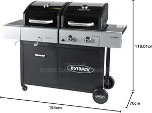 Outback Dual Fuel 2burner Gas/Charcoal BBQ With Multicook Plate System | Outback / Tower | 2-Burner | Porcelain-Enamel Hood | Side Burner | Gas & Charcoal Hybrid