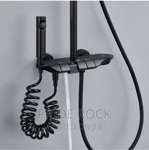 Four in One Shower Pole, Telephone Shower, Black and Grey | Anti-Rust Stainless Steel | Overhead + Hand Shower + Shattaf | Hot & Cold Thermostatic | 4-in-1 Available