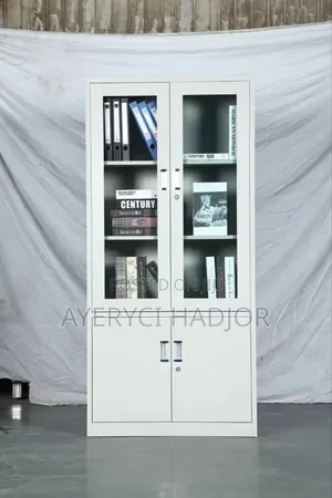 A Substantial Half Glass Two-shelves Metal Cabinet | Cabinet / Locker | Heavy-Gauge Steel / MDF | Multi-Door | Key Lock | For Office, School & Home