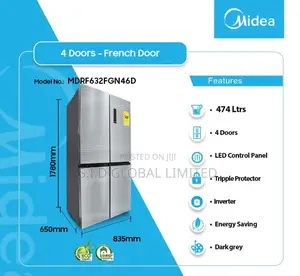 Midea 474L French-Door Inverter Refrigerator – LED, Glass Shelf, Smart Cooling, Dark Grey