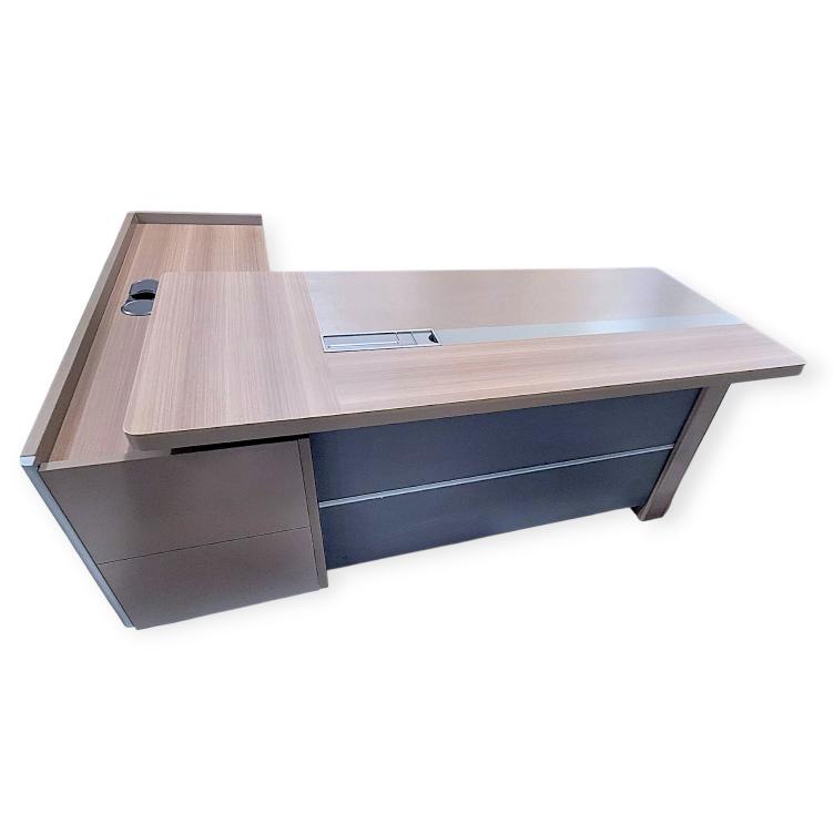 Executive L-Shaped Desk - 200x70cm, Royal Teak & Grey Workspace