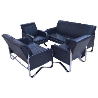 Leather Sofa Set with 2 Coffee Tables - Chrome Legs, Black