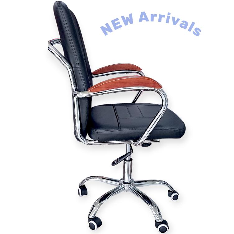 Swivel Chair with Wooden Handle - Metal Back, Black Leather