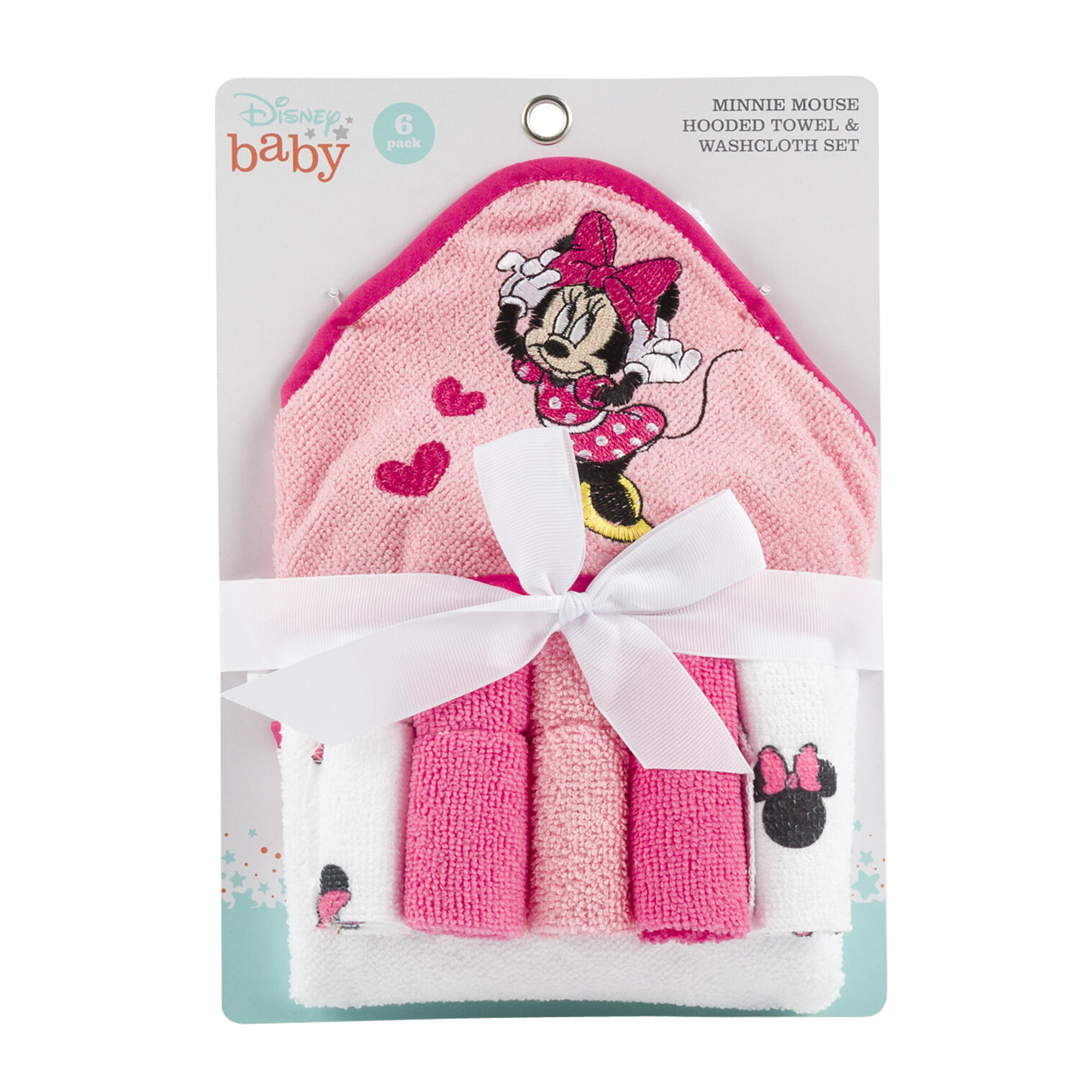 Disney Baby 6 Pack Minnie Mouse Hooded Towel & Washcloth Set | Soft & Gentle Baby Bath Essentials