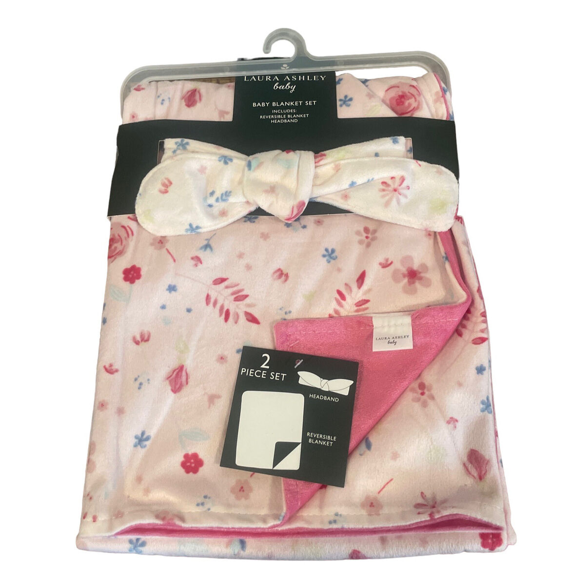 Laura Ashley Baby Reversible Blanket & Headband Set – Luxurious 2-in-1 Gift Set