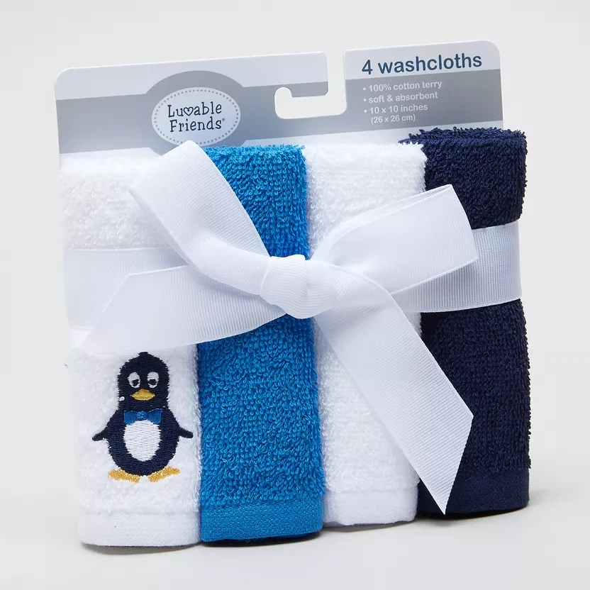 Luvable Friends 4-Pack Washcloths – Super Soft 100% Cotton (10"x10")