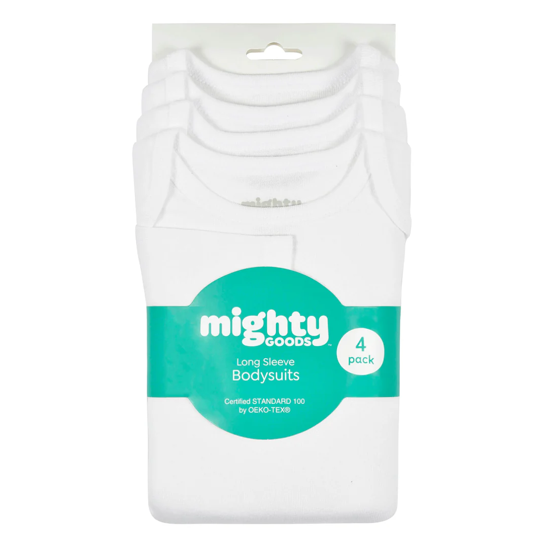 Mighty Goods Long Sleeve Bodysuits 4-Pack – 100% Cotton Essentials (Newborn Must-Haves)