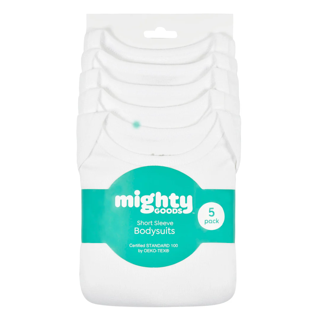 Mighty Goods Short Sleeve Bodysuits 5-Pack – 100% Cotton Essentials (Size 9M)