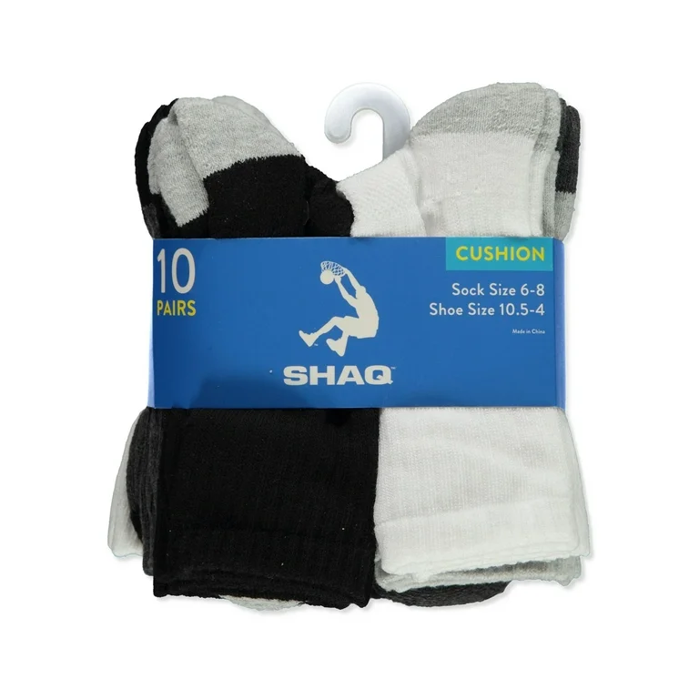 Shaq Boys' 10-Pack Cushioned Socks – Performance Fit (Shoe Size 7-10)