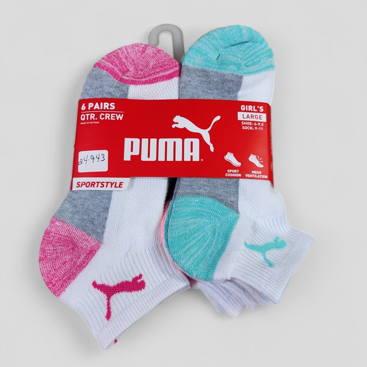 PUMA Sportstyle No-Show Socks 6-Pack – Girls' Small (Fits Shoe Size 4-8.5)