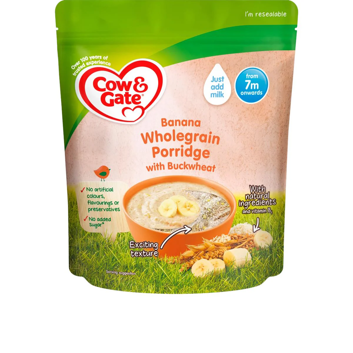 Cow & Gate Banana Wholegrain Porridge with Buckwheat | Nutrient-Rich Baby Cereal (7+ Months)