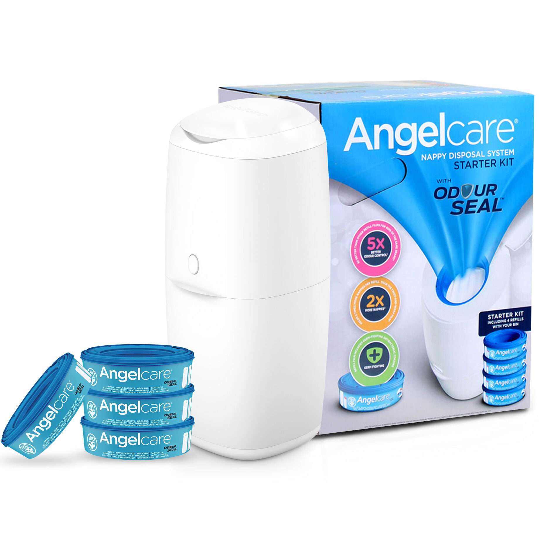 Angelcare Nappy Disposal System – Odour-Free Diaper Bin with 6 Refill Cassettes