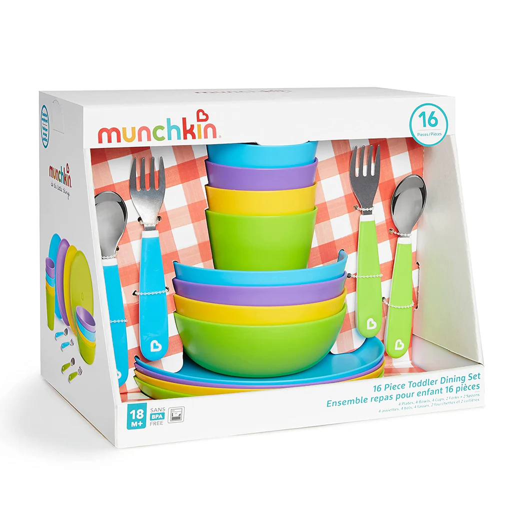 Munchkin 16-Piece Toddler Dining Set – Colorful Plates, Bowls, Cups & Utensils for Self-Feeding Kids