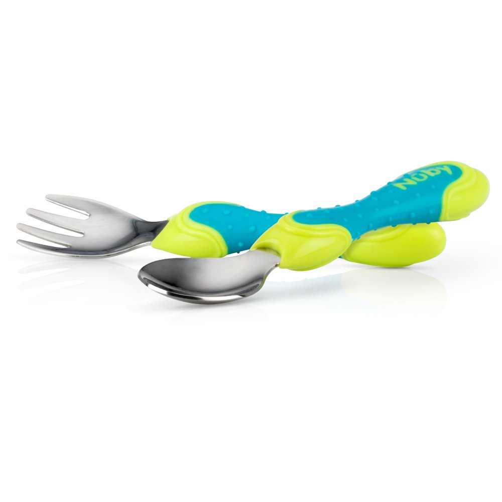 Nuby Stainless Steel Training Cutlery Set – Baby Spoon, Fork & Knife for Self-Feeding