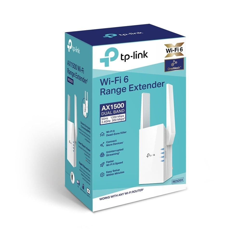 TP-Link RE505X AX1500 Wi-Fi 6 Range Extender – Dual-Band Coverage Booster with OneMesh™, Gigabit Port & Easy Setup