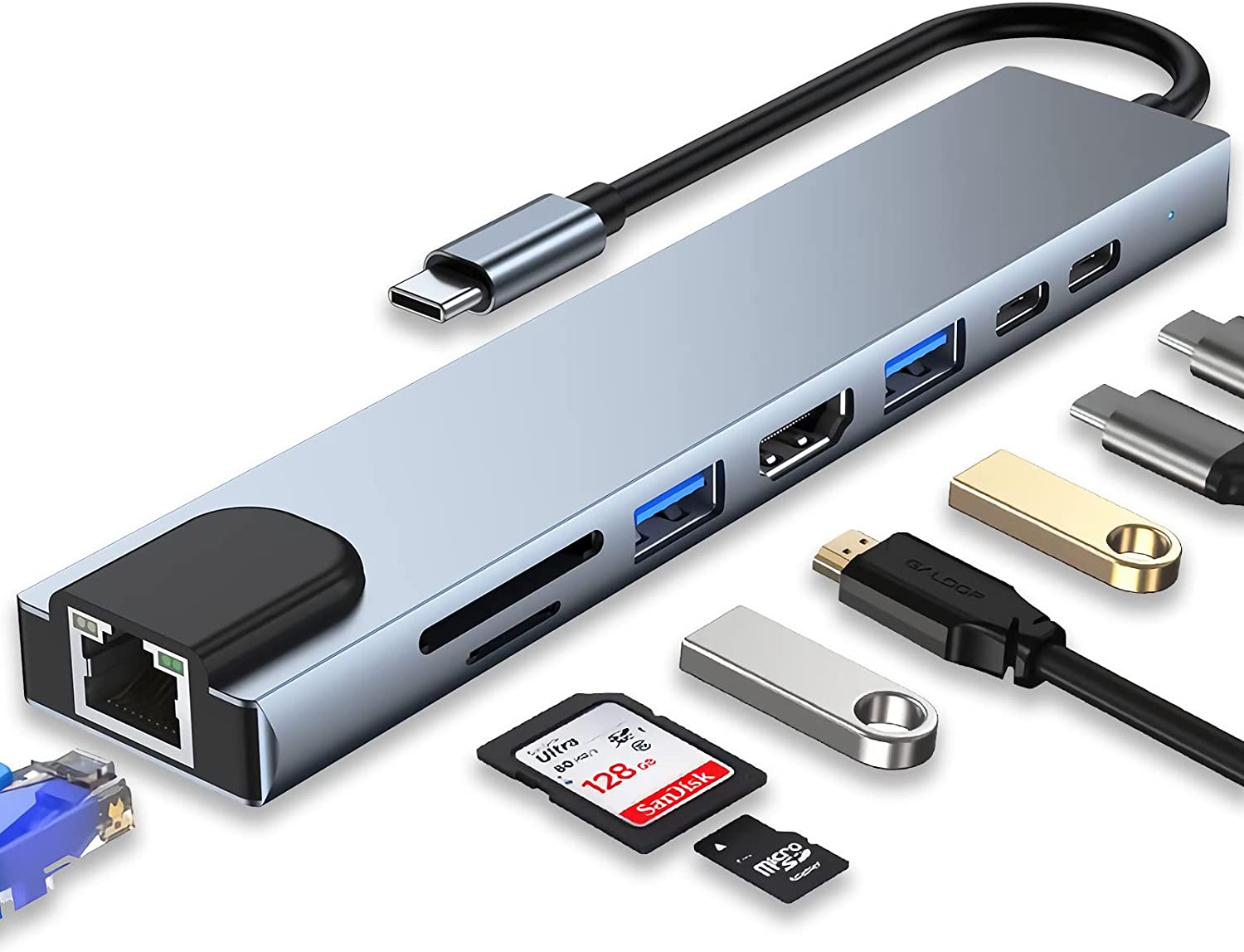 Type-C Adapter 8-in-1 Docking Station with 4K HDMI, 100W PD, USB 3.0, RJ45 Ethernet, SD/TF Card Reader – Universal USB-C Hub for MacBook, Laptops & More
