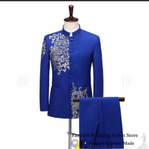 Blue Embroidered Men's Chinese Tunic Suit Set