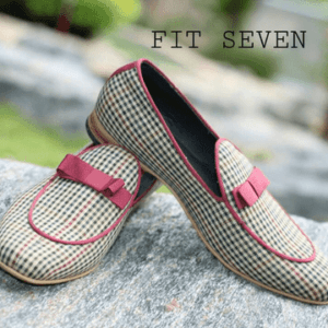 Brown Checked Handmade Shoes with Wine Lace & Bow - Ghanaian Made