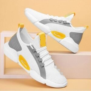 Men's White/Yellow Low-Top Casual Sneakers BT70 - Sports & Leisure