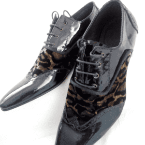 Black Mirror Polished Leather Shoes with Leopard Skin Comb - Handmade Ghanaian