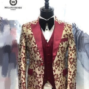 Men's Wedding Suit - 3-Piece Wine & Gold Jacket Set