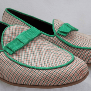 Light Brown Checked Handmade Shoes with Lemon Green Lace & Bow