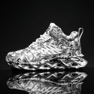 Men's Black Air Cushion Sneakers - Ink Splash Design, Sporty Casual