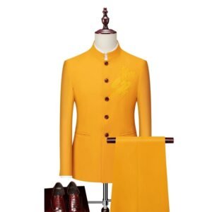 Yellow Embroidered Men's Chinese Tunic Suit Set